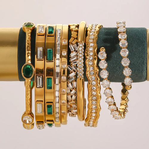 18k Gold Plated Stainless Steel Opening Cuff Zircon Fashion Jewelry Bracelet Bangle Set for Women
