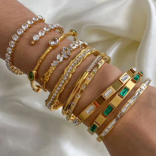 18k Gold Plated Stainless Steel Opening Cuff Zircon Fashion Jewelry Bracelet Bangle Set for Women