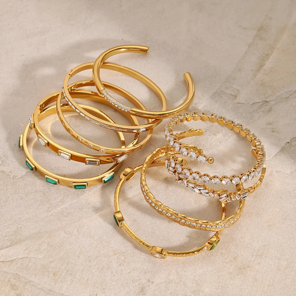 18k Gold Plated Stainless Steel Opening Cuff Zircon Fashion Jewelry Bracelet Bangle Set for Women