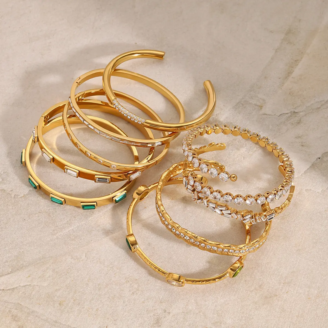 18k Gold Plated Stainless Steel Opening Cuff Zircon Fashion Jewelry Bracelet Bangle Set for Women